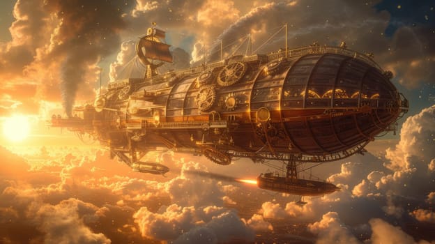 Fantasy steampunk airships float amongst clouds against a dramatic sunset backdrop, evoking adventure and exploration. Resplendent.