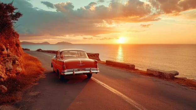 A vintage car parked on a winding coastal road overlooking the ocean, with a stunning sunset in the background creating a nostalgic scene. Resplendent.