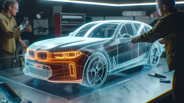 A futuristic car design is presented in a virtual showroom, illuminated by neon lights and showcasing the latest in automotive technology. AIG41