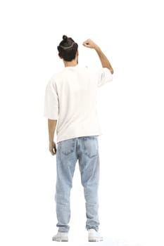 A man, full-length, on a white background, raised his hand up.