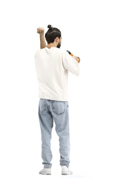 A man, full-length, on a white background, with a megaphone.