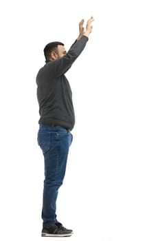 A man, full-length, on a white background, waving his arms.