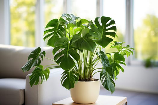 Beautiful monstera in a pot in the interior of a bright room.