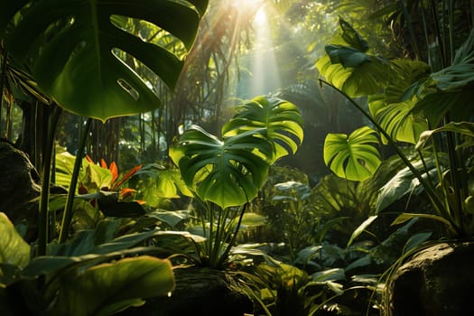 Large monstera leaves in the tropical forest.