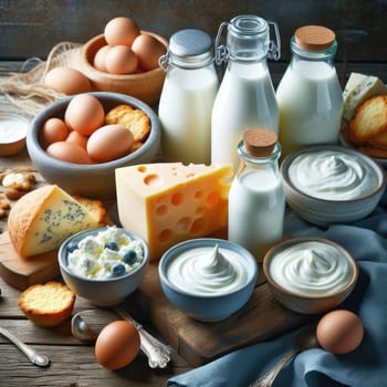 close up photo of Different milk products: cheese, cream, milk, yoghurt. On a blue background on rustic wooden table front view.