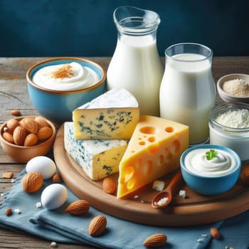 close up photo of Different milk products: cheese, cream, milk, yoghurt. On a blue background on rustic wooden table front view.