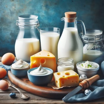 close up photo of Different milk products: cheese, cream, milk, yoghurt. On a blue background on rustic wooden table front view.