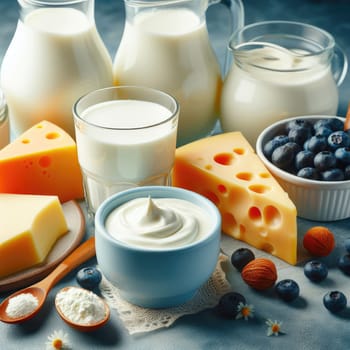 close up photo of Different milk products: cheese, cream, milk, yoghurt. On a blue background on rustic wooden table front view.