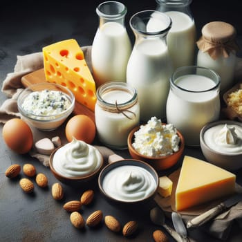 close up photo of Different milk products: cheese, cream, milk, yoghurt. On a blue background on rustic wooden table front view.