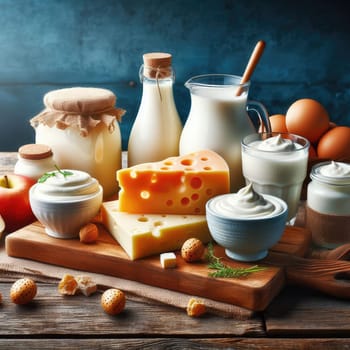 close up photo of Different milk products: cheese, cream, milk, yoghurt. On a blue background on rustic wooden table front view.