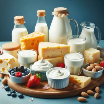 close up photo of Different milk products: cheese, cream, milk, yoghurt. On a blue background on rustic wooden table front view.