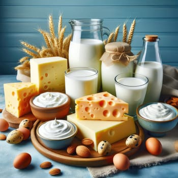 close up photo of Different milk products: cheese, cream, milk, yoghurt. On a blue background on rustic wooden table front view.