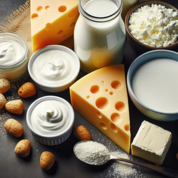 close up photo of Different milk products: cheese, cream, milk, yoghurt. On a blue background on rustic wooden table front view.