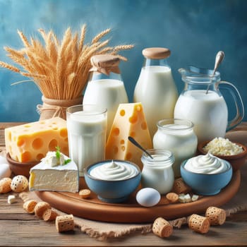 close up photo of Different milk products: cheese, cream, milk, yoghurt. On a blue background on rustic wooden table front view.