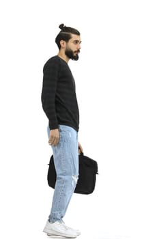 A man, full-length, on a white background, with a briefcase.