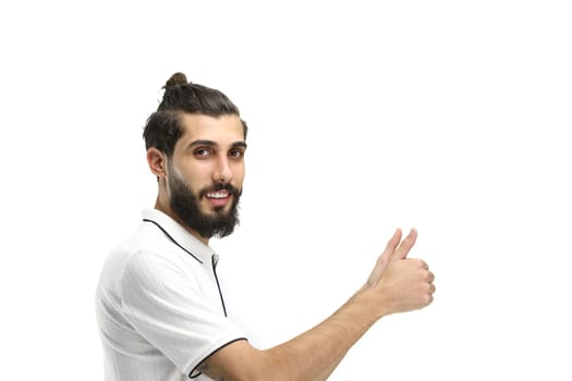 A man, close-up, on a white background, shows his thumbs up.