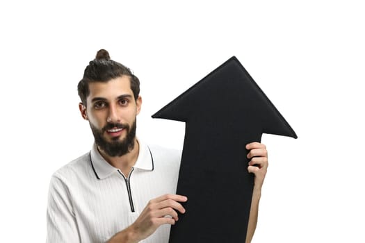 Man, close-up, on a white background, pointing up arrow.