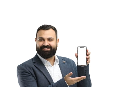 Man, close-up, on a white background, with a phone.