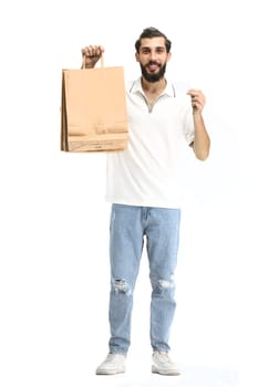 A man, full-length, on a white background, with bags.