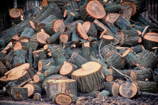 Natural wooden background - closeup of chopped firewood. Firewood stacked and prepared for winter Pile of wood logs.