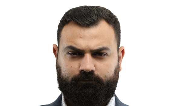 Man's face, close-up, on a white background.