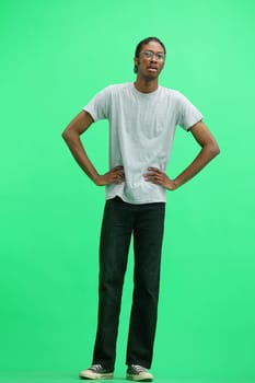 A man in a gray T-shirt, on a green background, full-length, hands on his belt.