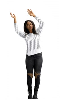 A woman, on a white background, in full height, waving her arms.