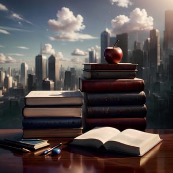 a stack of books with an apple against the backdrop of a large modern city with tall buildings. AI generated image.