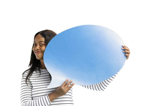 Woman, on a white background, close-up, with a blue comment mark.