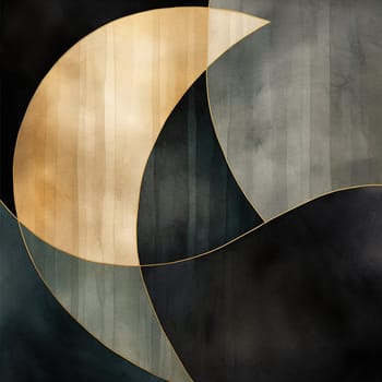 Elegant abstract watercolor featuring Nordic-inspired minimalist design with bold geometrical shapes in a palette of black, gold, and teal, ideal for modern decor and luxury branding. Generative AI