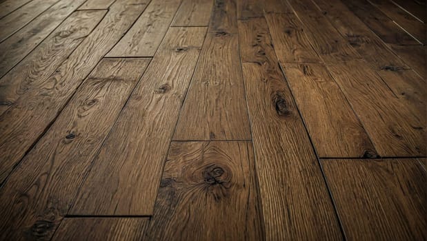 A detailed shot showcasing the rich brown tones and intricate pattern of the hardwood plank flooring in the room