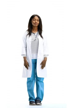 A female doctor, on a white background, in full height.