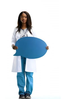 Female doctor, on a white background, full-length, with a blue comment mark.