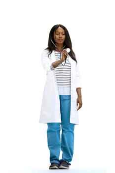 Female doctor, full-length, on a white background, with a stethoscope.