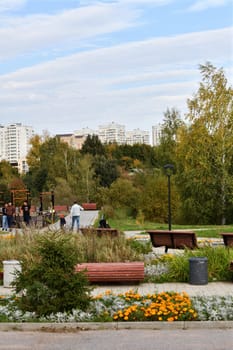 Moscow, Russia - Sept 24. 2023. An Autumn park in Zelenograd