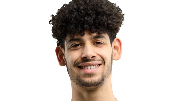 Man's face, on a white background, close-up.