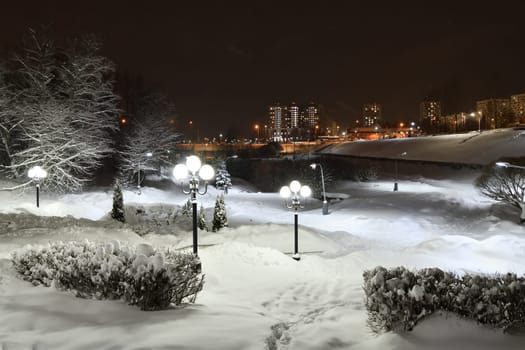 Winter cityscape in park in Moscow, Russia