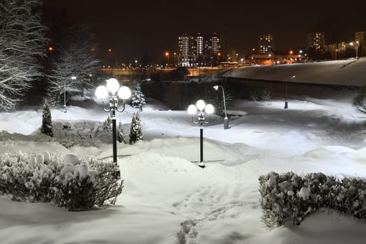 Winter cityscape in park in Moscow, Russia