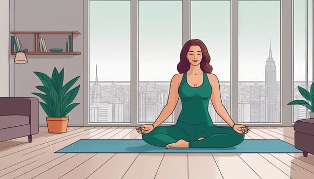Large woman, yoga practice near sofa, leggings and top attire. Bright room, large window, floor-standing flower
