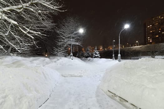 Winter cityscape in park in Moscow, Russia