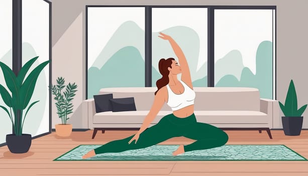 Woman, yoga practice near sofa, leggings and top attire. Bright room, large window, floor-standing flower