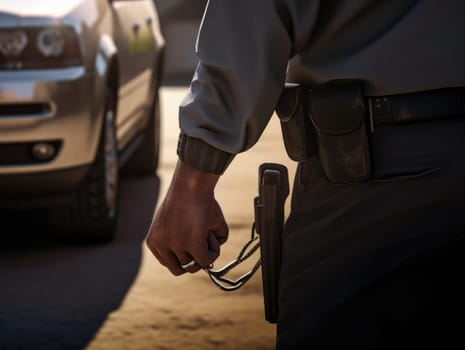 A police officer holding a cell phone next to a parked car, possibly capturing evidence or communicating with headquarters.