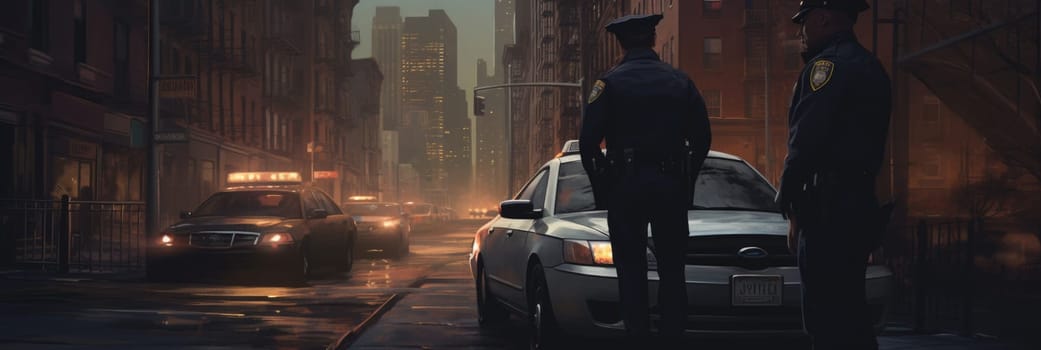 Two police officers stand next to a car, presumably with detainees, in a factual and straightforward scene.