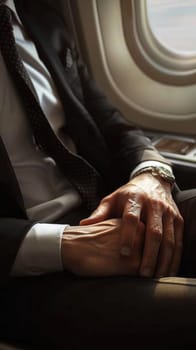 A male businessman dressed in a suit and tie is seated on an airplane.