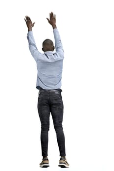 A man, full-length, on a white background, waving his arms.