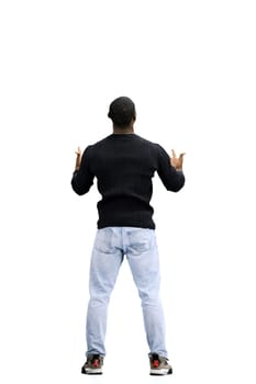 A man, full-length, on a white background, spreads his arms.