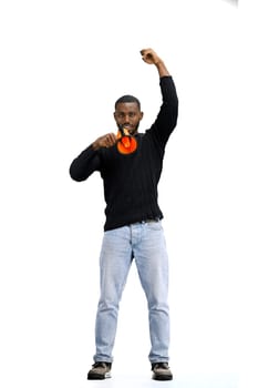 A man, full-length, on a white background, with a megaphone.