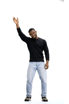 A man, full-length, on a white background, waving his hand.