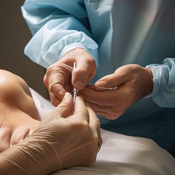 A woman calmly receiving a vaccine from a doctor in a medical setting.