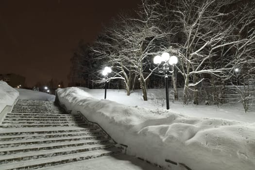 Winter cityscape in park in Moscow, Russia